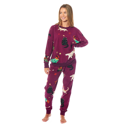 Women's Cats & Dogs Soft Fleece Pyjama Set Long Sleeve Animal Print Warm PJs Loungewear Sleepwear for Ladies by Daisy Dreamer