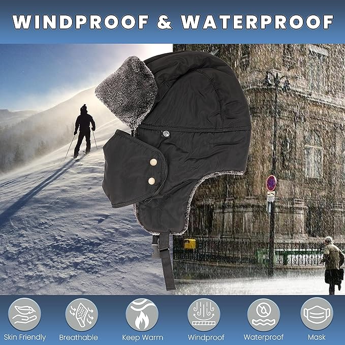 Men's 3 In 1 Waterproof Trapper Hat Face Mask Neck Warmer Ear Flaps Windproof Snowproof Winter Hat for Skiing Snowboarding Outdoor Faux Fur Lining Breathable Polyester One Size Black by Heatwave Thermalwear. Buy now for £8.00.