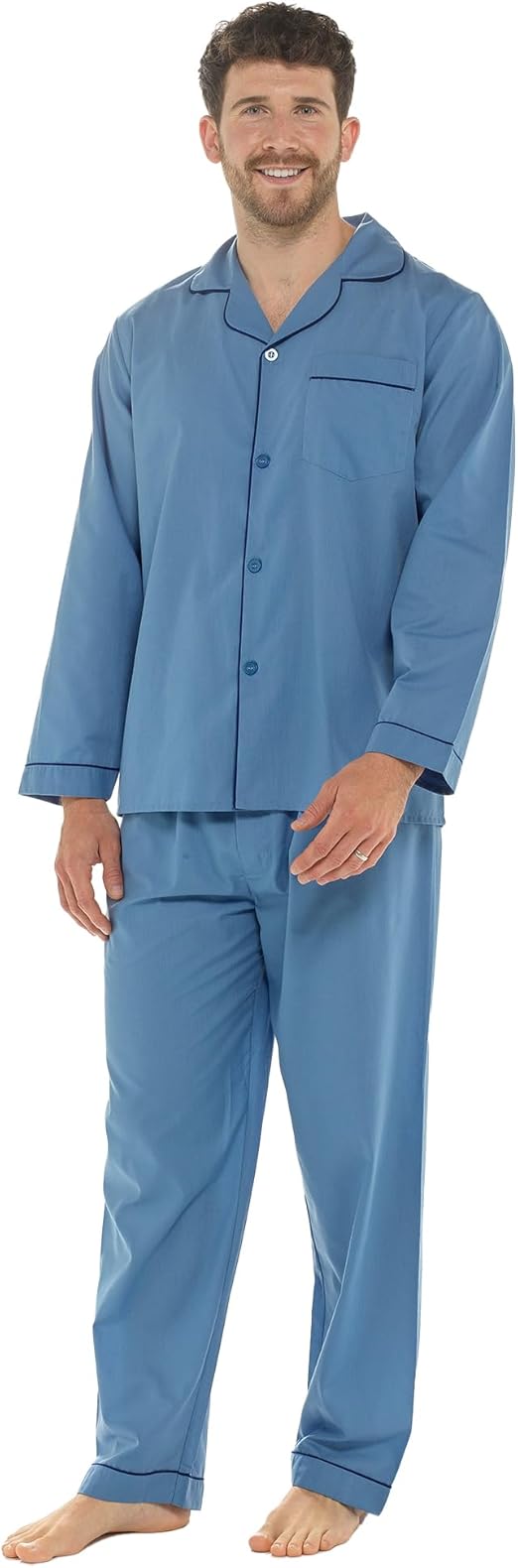 Men's Classic Blue Woven Pyjama Set Long Sleeve Button Top & Bottoms Easy Care Nightwear Sleepwear by Sock Stack. Buy now for £15.00.