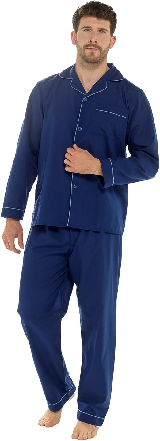 Men's Classic Navy Woven Pyjama Set Long Sleeve Button Top & Bottoms Easy Care Nightwear Sleepwear by Sock Stack. Buy now for £15.00.
