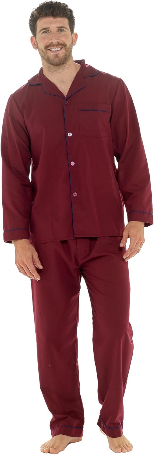 Men's Classic Red Woven Pyjama Set Long Sleeve Button Top & Bottoms Easy Care Nightwear Sleepwear by Sock Stack. Buy now for £15.00.