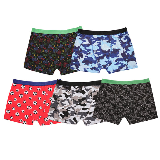 Pack of 5 Boys Boxer Shorts Cotton Rich Football Army Gamer Designs Elastic Waistband Comfortable Underwear for Active Kids by Sock Stack. Buy now for £9.00.