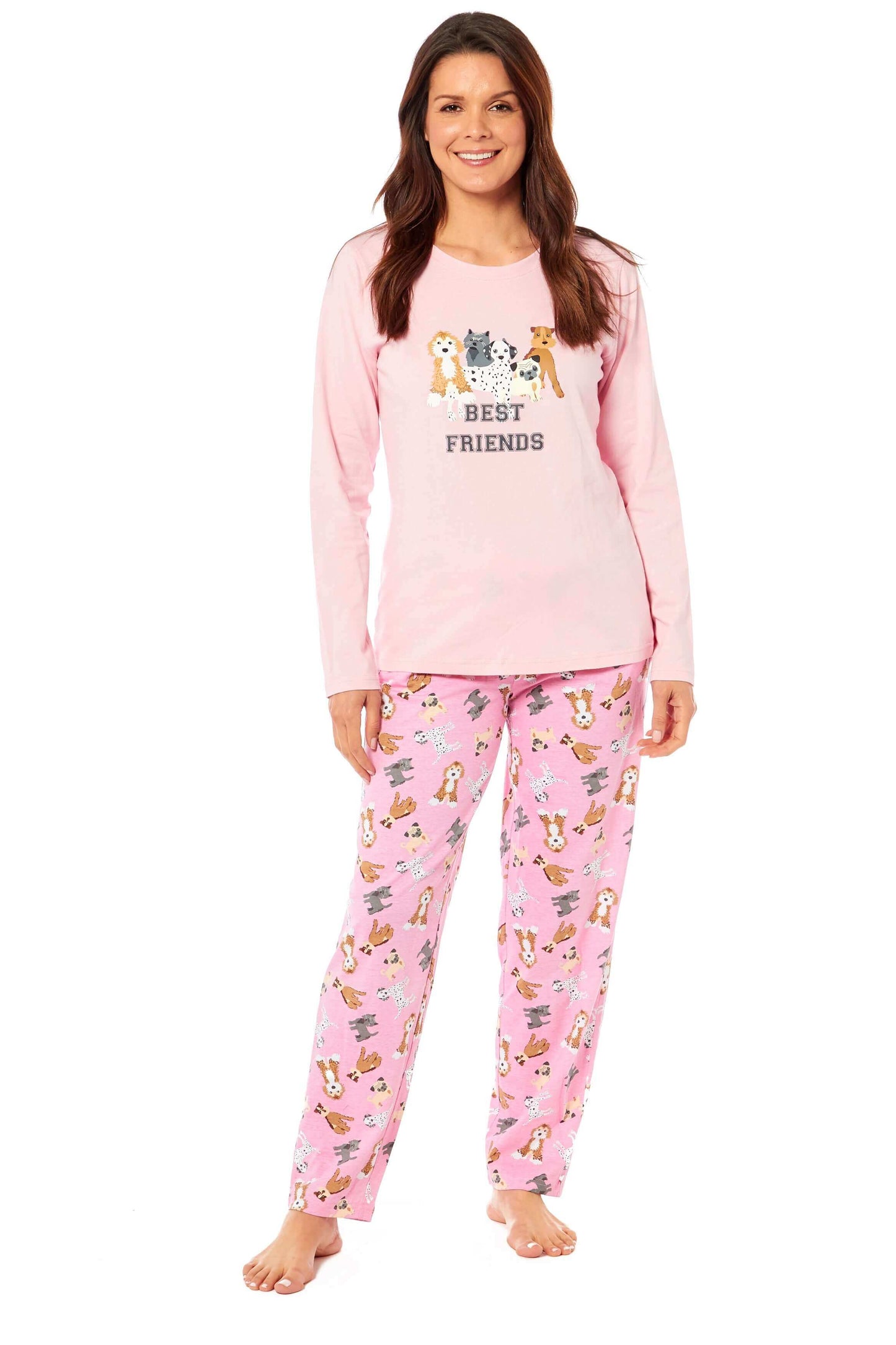 Soft Pink Dogs Pyjama Lounge Set for Women Comfortable Cotton Long Sleeve Top with Patterned Bottoms Elasticated Waistband Cozy PJs Available in Sizes Small to X Large Daisy Dreamer. Buy now for £15.00.