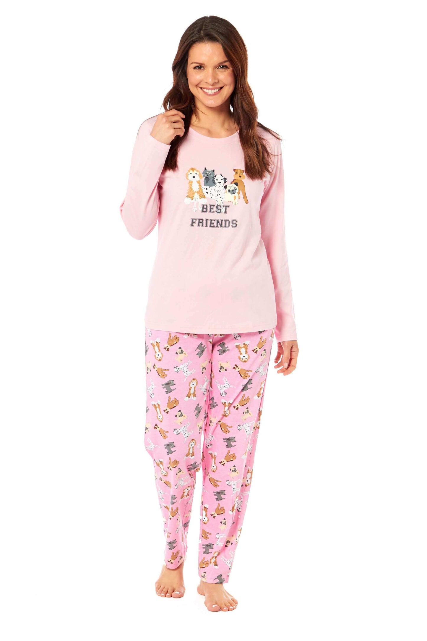 Soft Pink Dogs Pyjama Lounge Set for Women Comfortable Cotton Long Sleeve Top with Patterned Bottoms Elasticated Waistband Cozy PJs Available in Sizes Small to X Large Daisy Dreamer. Buy now for £15.00.