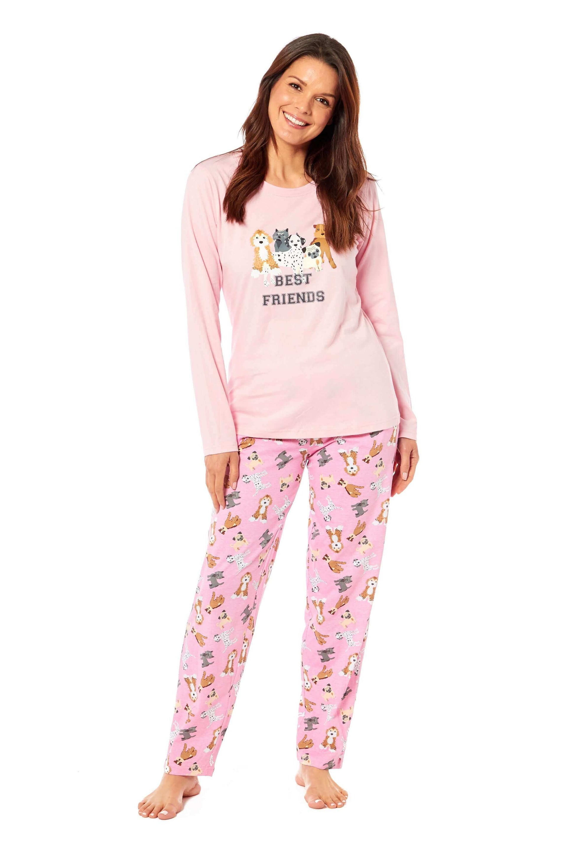 Soft Pink Dogs Pyjama Lounge Set for Women Comfortable Cotton Long Sleeve Top with Patterned Bottoms Elasticated Waistband Cozy PJs Available in Sizes Small to X Large Daisy Dreamer. Buy now for £15.00.
