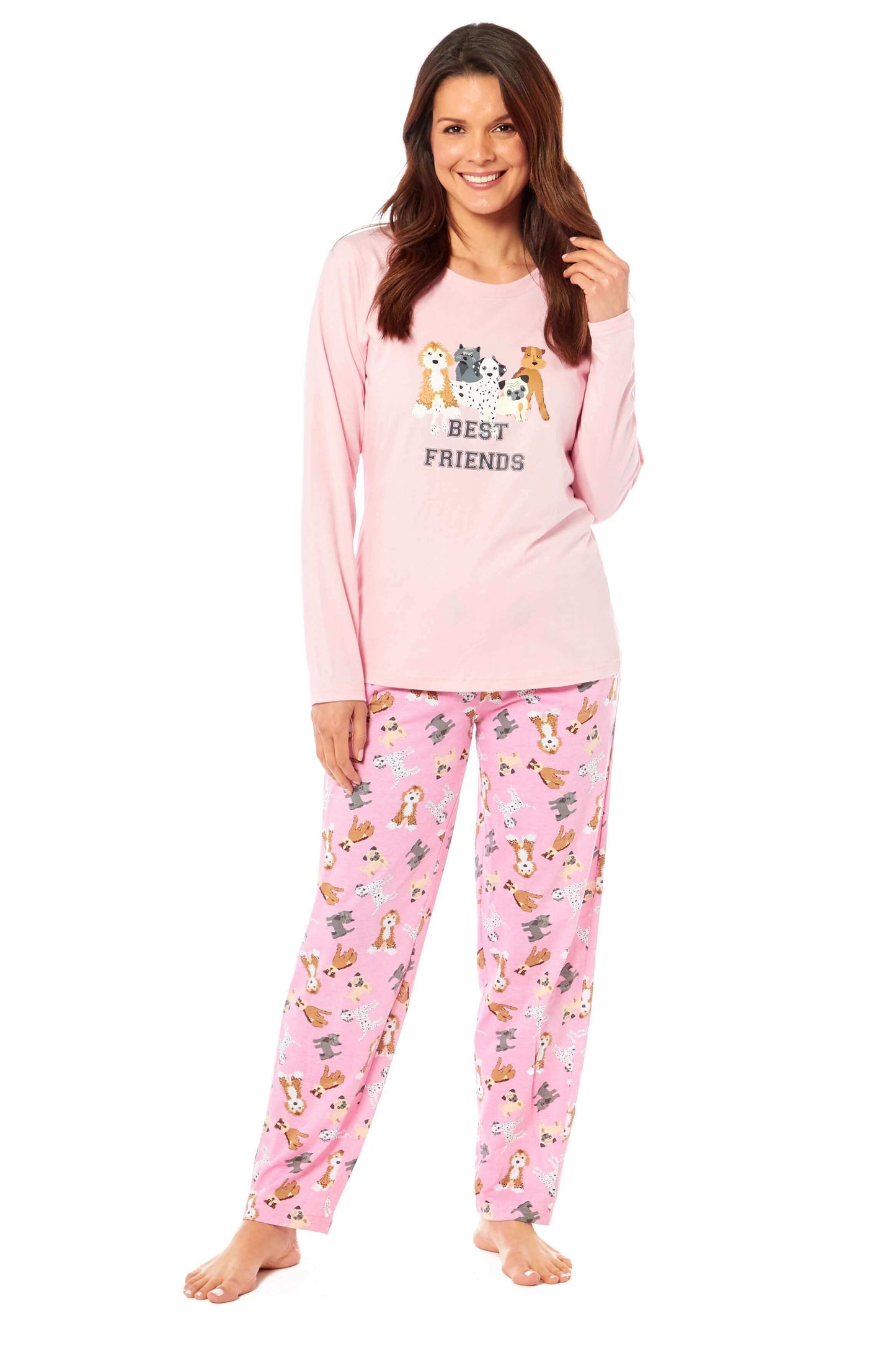 Soft Pink Dogs Pyjama Lounge Set for Women Comfortable Cotton Long Sleeve Top with Patterned Bottoms Elasticated Waistband Cozy PJs Available in Sizes Small to X Large Daisy Dreamer. Buy now for £15.00.