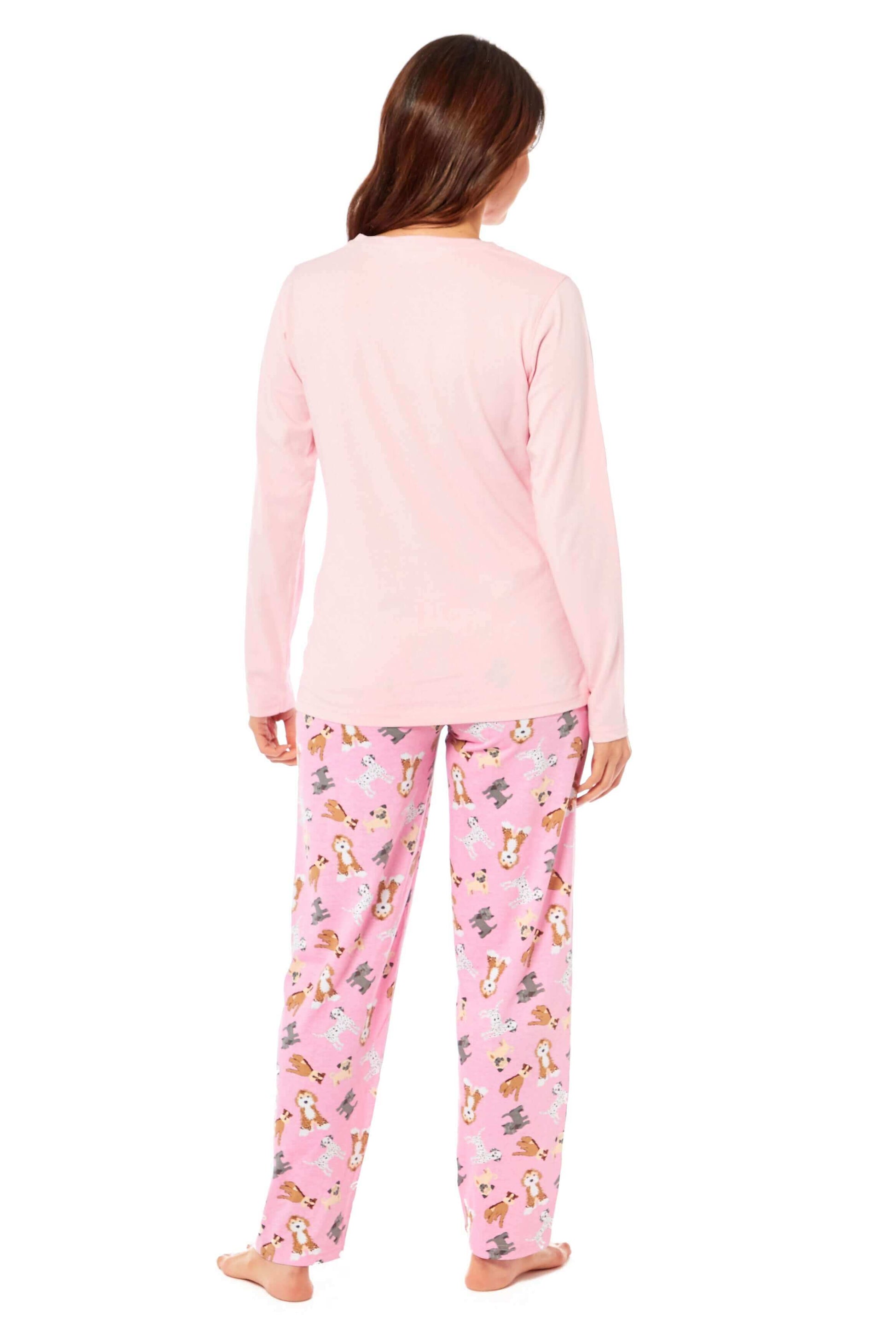 Soft Pink Dogs Pyjama Lounge Set for Women Comfortable Cotton Long Sleeve Top with Patterned Bottoms Elasticated Waistband Cozy PJs Available in Sizes Small to X Large Daisy Dreamer. Buy now for £15.00.