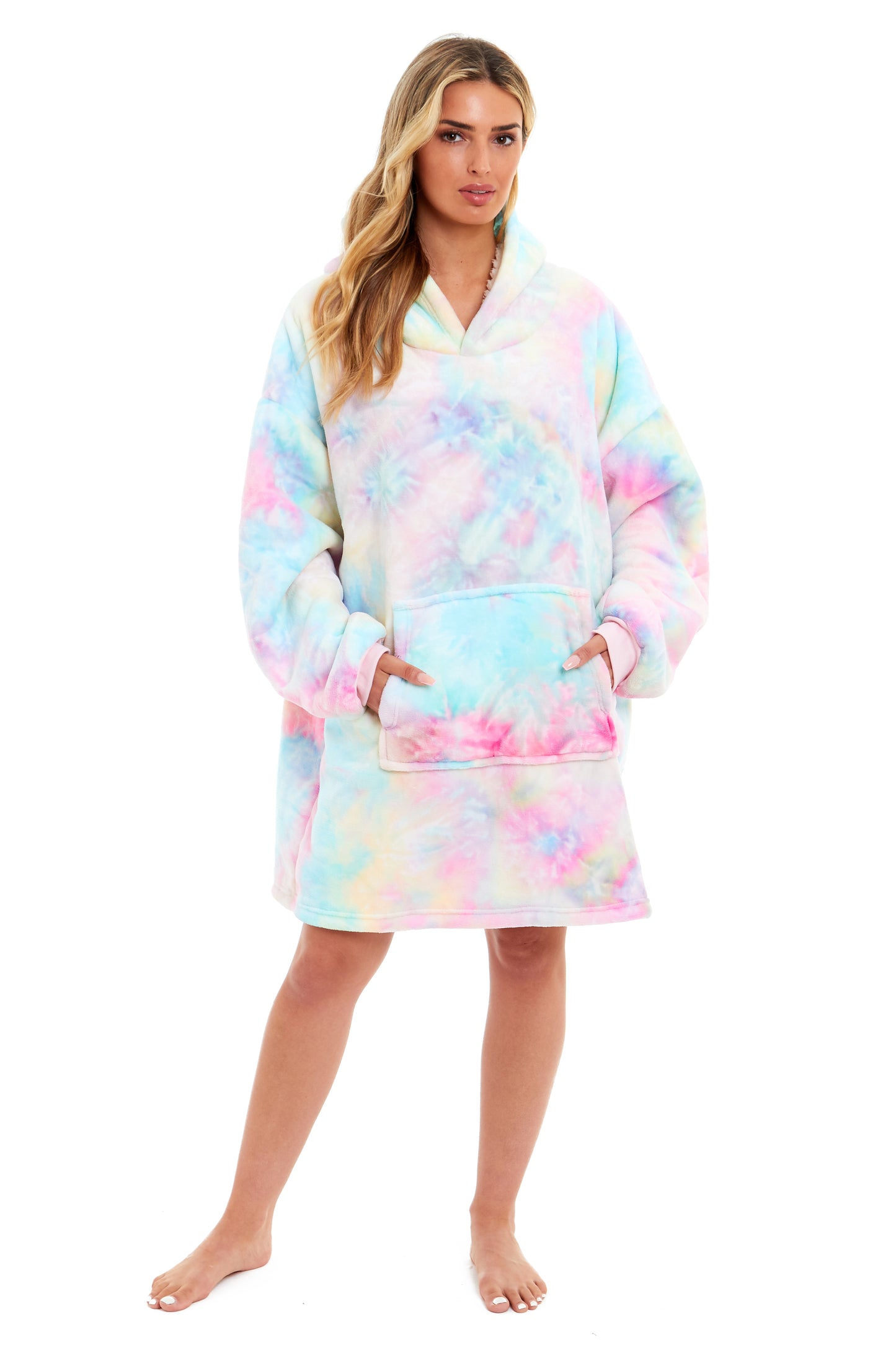 Tie Dye Rainbow Oversized Hooded Plush Fleece Wearable Blanket with Sherpa, Elastic Cuffs, and Double Pocket for Adults and Kids by Daisy Dreamer. Buy now for £11.00.