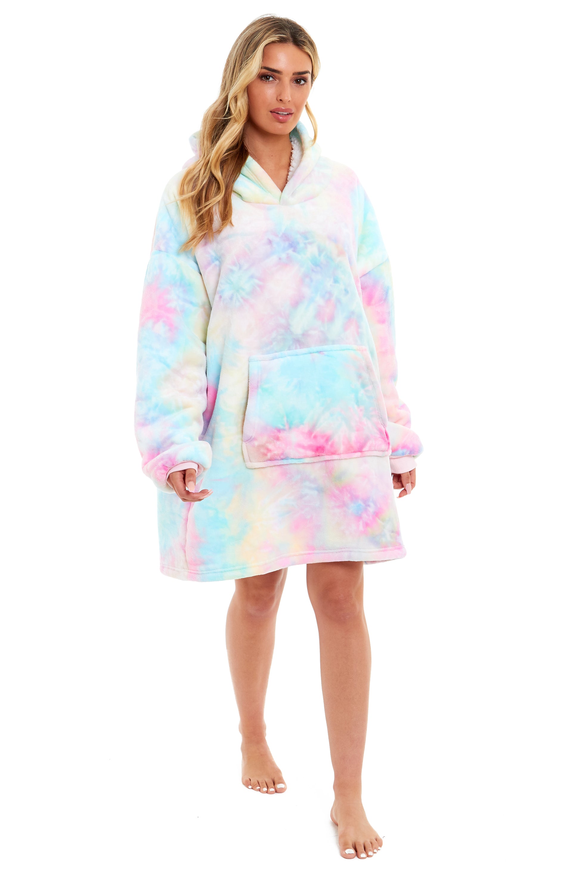 Tie Dye Rainbow Oversized Hooded Plush Fleece Wearable Blanket with Sherpa, Elastic Cuffs, and Double Pocket for Adults and Kids by Daisy Dreamer. Buy now for £11.00.