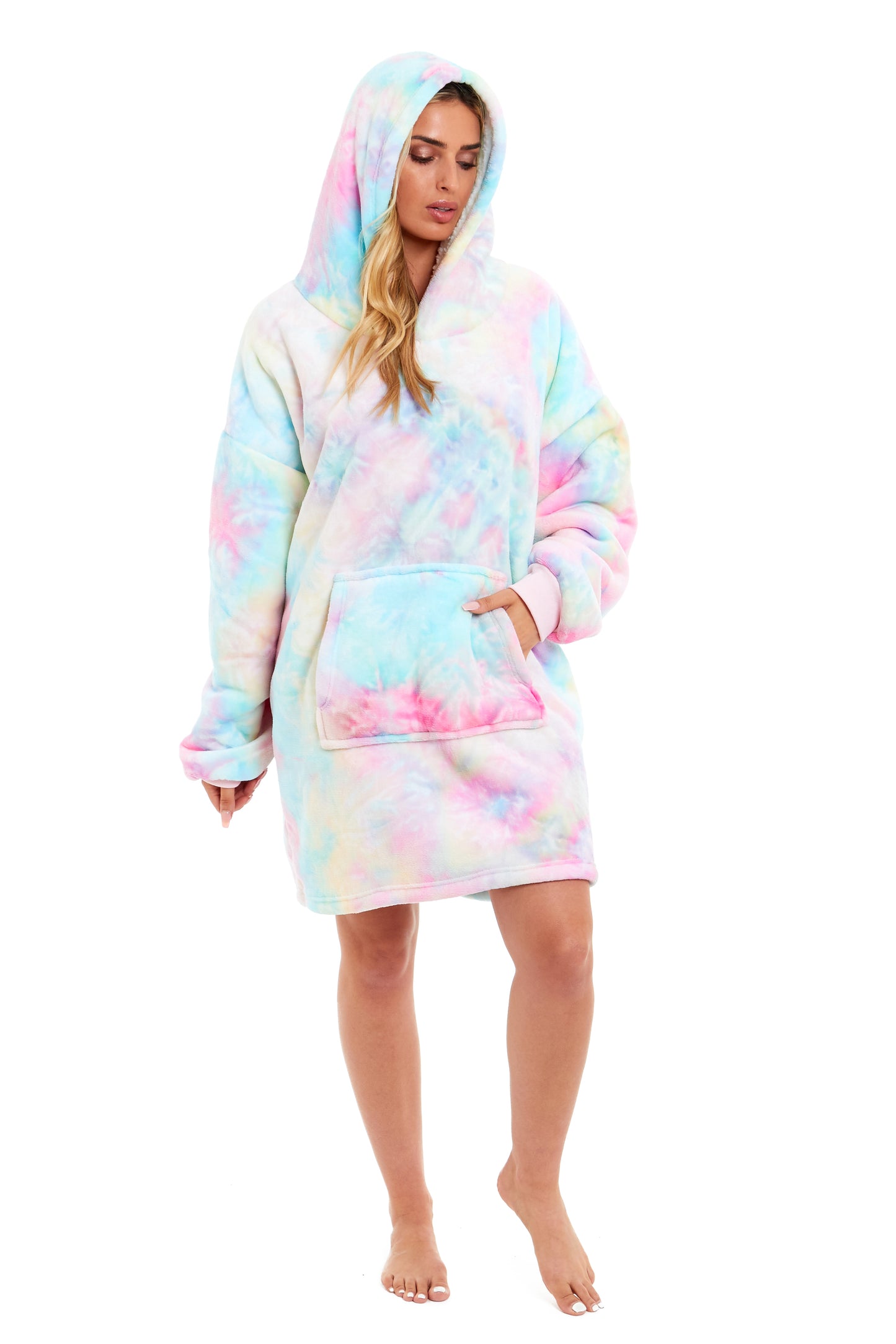 Tie Dye Rainbow Oversized Hooded Plush Fleece Wearable Blanket with Sherpa, Elastic Cuffs, and Double Pocket for Adults and Kids by Daisy Dreamer. Buy now for £11.00.