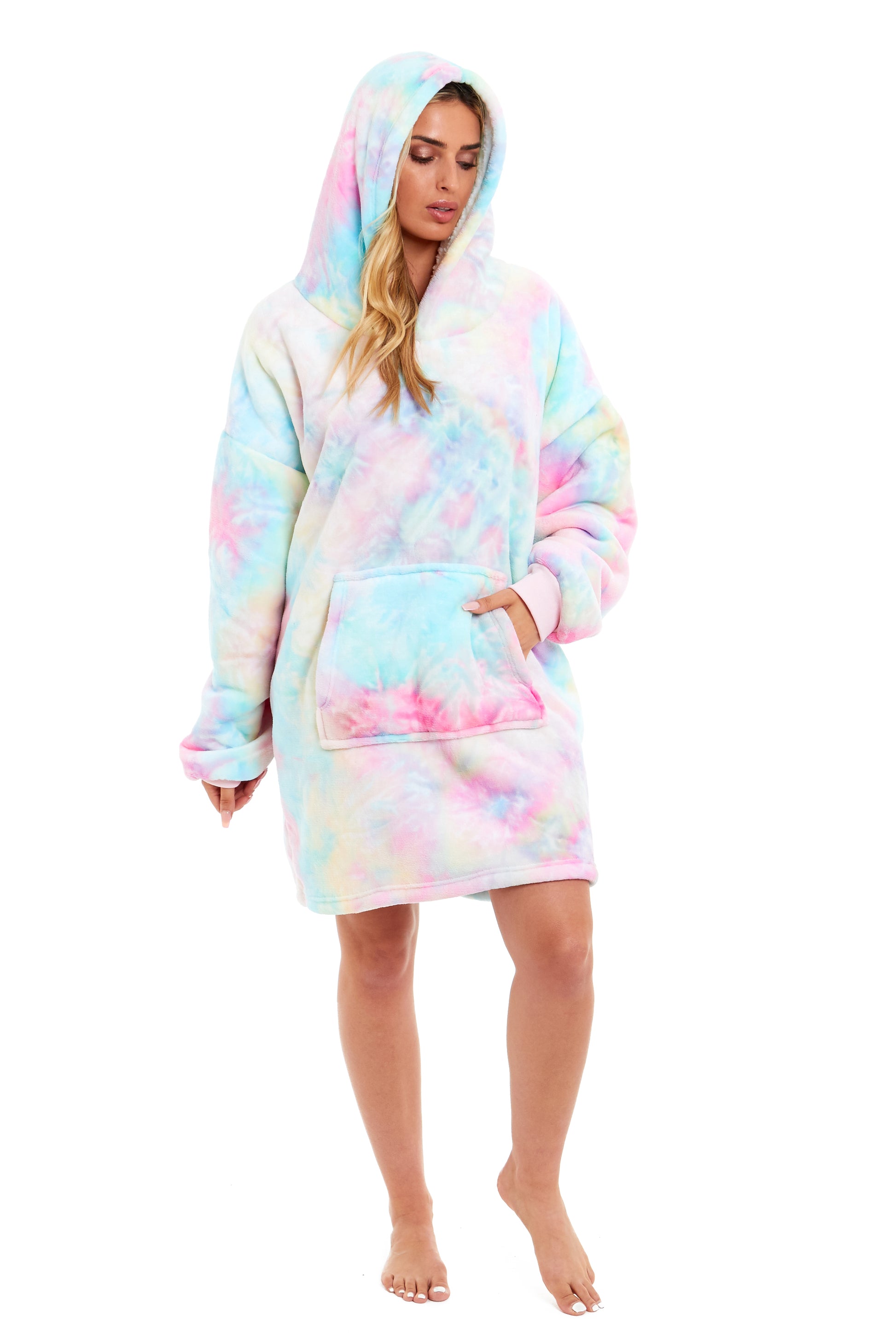 Tie Dye Rainbow Oversized Hooded Plush Fleece Wearable Blanket with Sherpa, Elastic Cuffs, and Double Pocket for Adults and Kids by Daisy Dreamer. Buy now for £11.00.