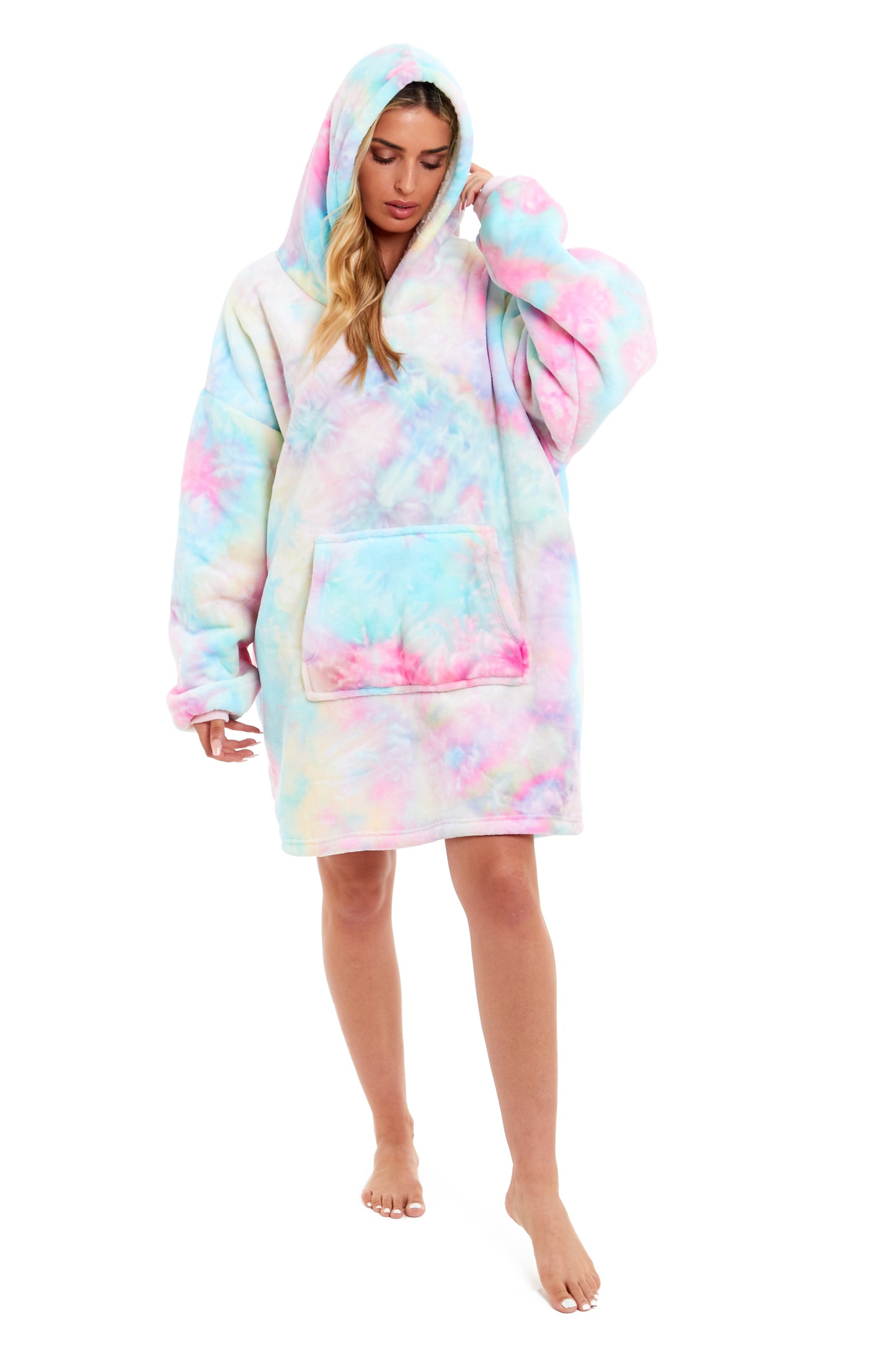 Tie Dye Rainbow Oversized Hooded Plush Fleece Wearable Blanket with Sherpa, Elastic Cuffs, and Double Pocket for Adults and Kids by Daisy Dreamer. Buy now for £11.00.