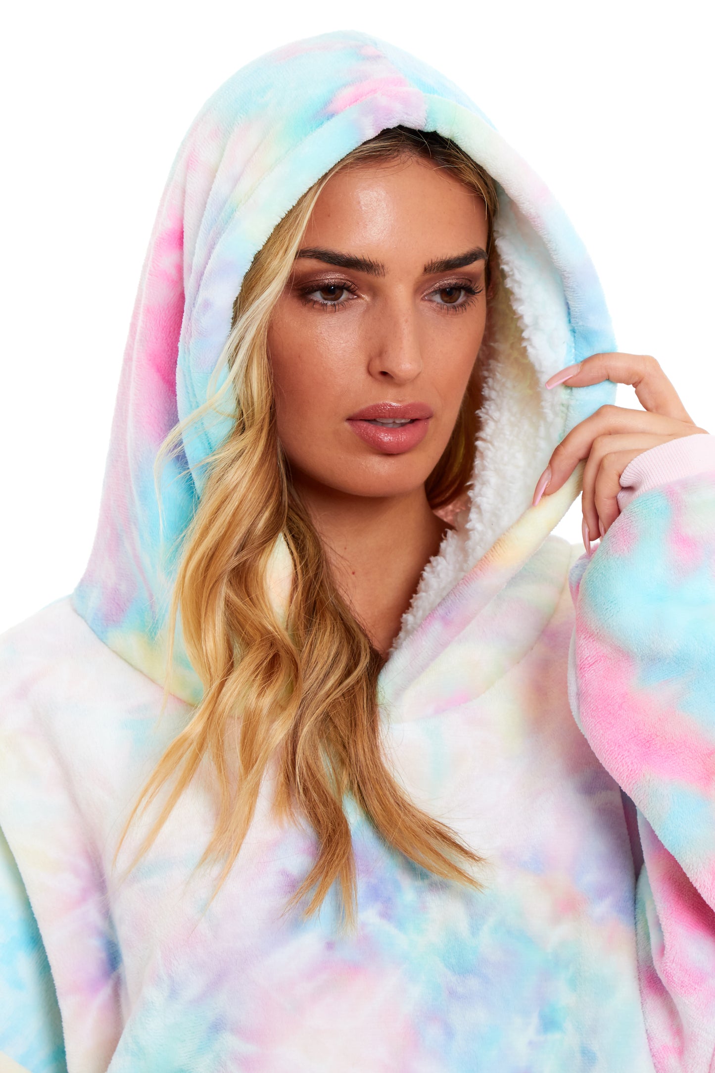 Tie Dye Rainbow Oversized Hooded Plush Fleece Wearable Blanket with Sherpa, Elastic Cuffs, and Double Pocket for Adults and Kids by Daisy Dreamer. Buy now for £11.00.