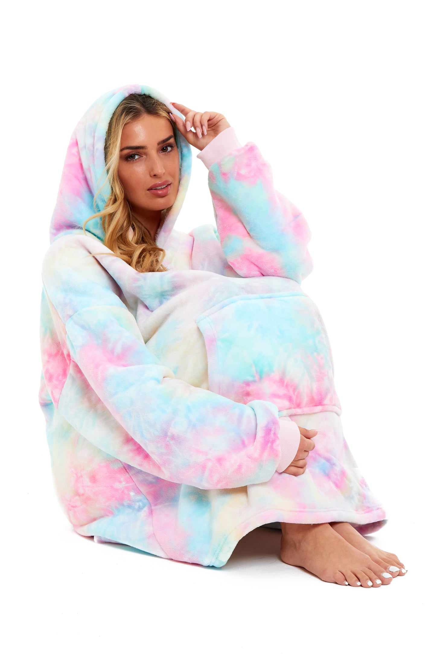 Tie Dye Rainbow Oversized Hooded Plush Fleece Wearable Blanket with Sherpa, Elastic Cuffs, and Double Pocket for Adults and Kids by Daisy Dreamer. Buy now for £11.00.