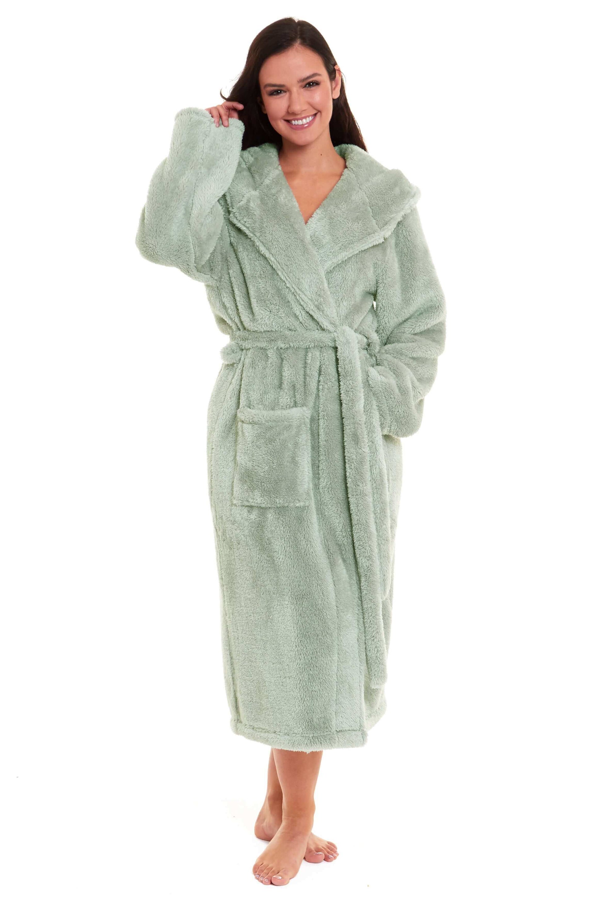 Ultra-Soft Sage Green Fleece Womens Extra-Long Velvet Bathrobe Cozy Loungewear Perfect for Cold Mornings and Evenings by Daisy Dreamer. Buy now for £20.00.