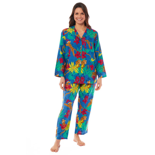 Women's Leopard Print Long Pyjama Set Button Up Soft Breathable Viscose Loungewear Sleepwear Relaxing PJ Set by Daisy Dreamer. Buy now for £15.00.
