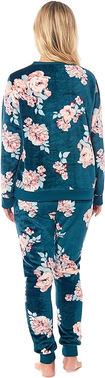 Women's Luxurious Floral Fleece Pyjama Set with Long Sleeve Top and Elastic Waist Pajamas Elegant Sleepwear for Warmth by Daisy Dreamer. Buy now for £20.00.
