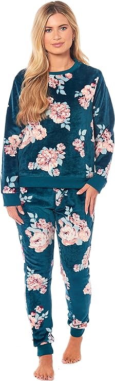 Women's Luxurious Floral Fleece Pyjama Set with Long Sleeve Top and Elastic Waist Pajamas Elegant Sleepwear for Warmth by Daisy Dreamer. Buy now for £20.00.