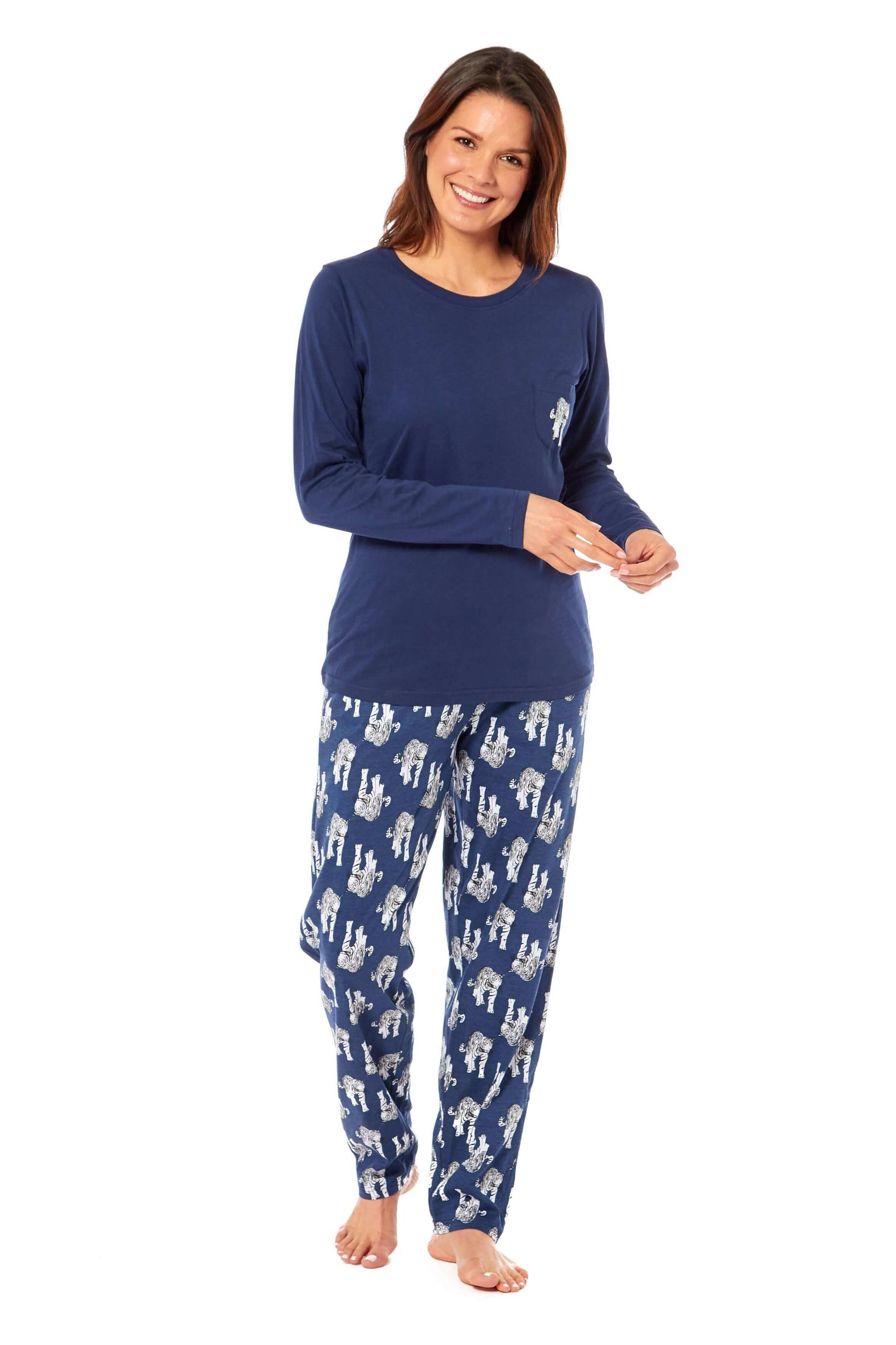 Women's Navy Tiger Print Polar Fleece Pyjama Set Soft Comfortable Loungewear Long Sleeve Top Elasticated Bottoms Stylish Gift Nightwear by Daisy Dreamer. Buy now for £15.00.