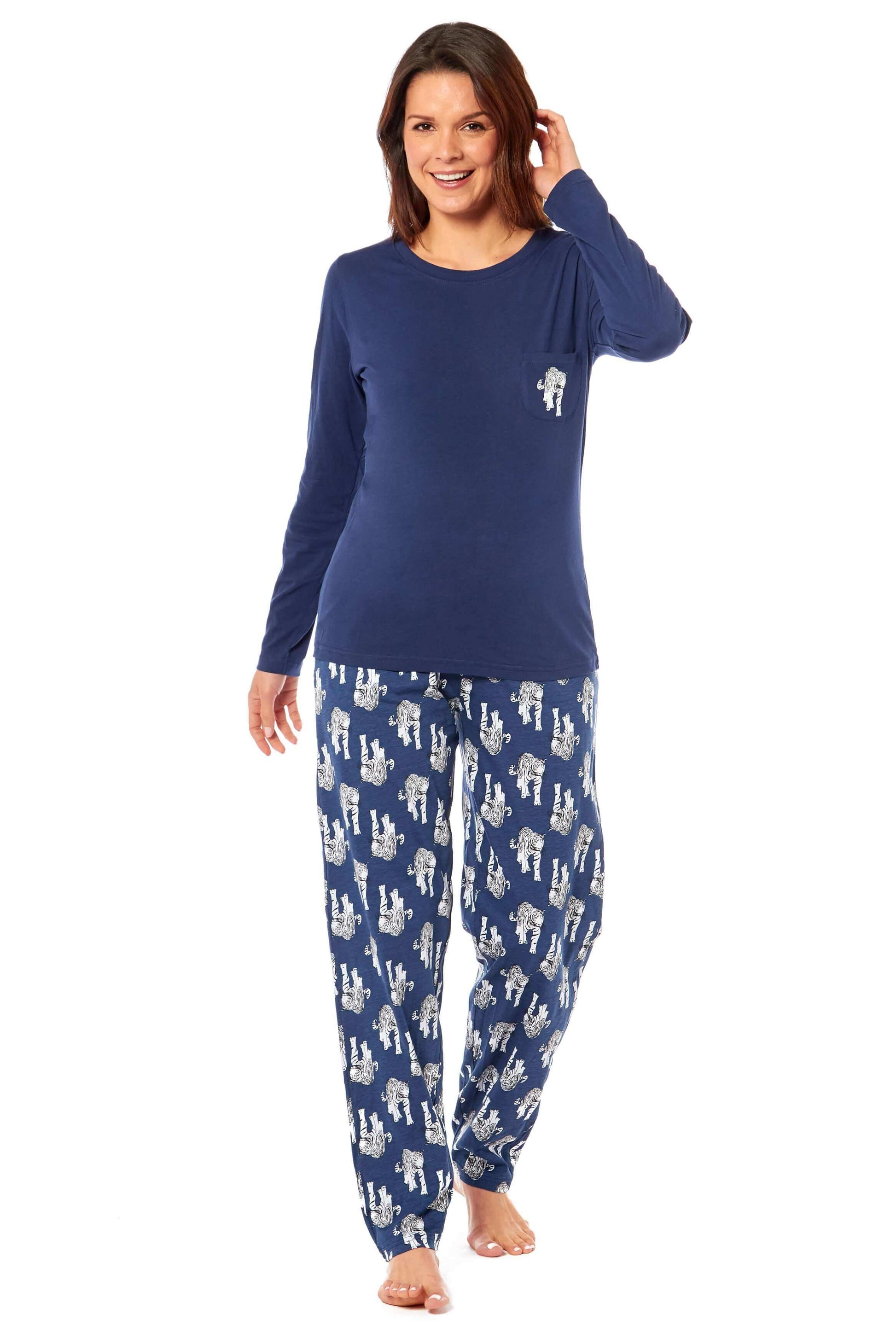 Women's Navy Tiger Print Polar Fleece Pyjama Set Soft Comfortable Loungewear Long Sleeve Top Elasticated Bottoms Stylish Gift Nightwear by Daisy Dreamer. Buy now for £15.00.