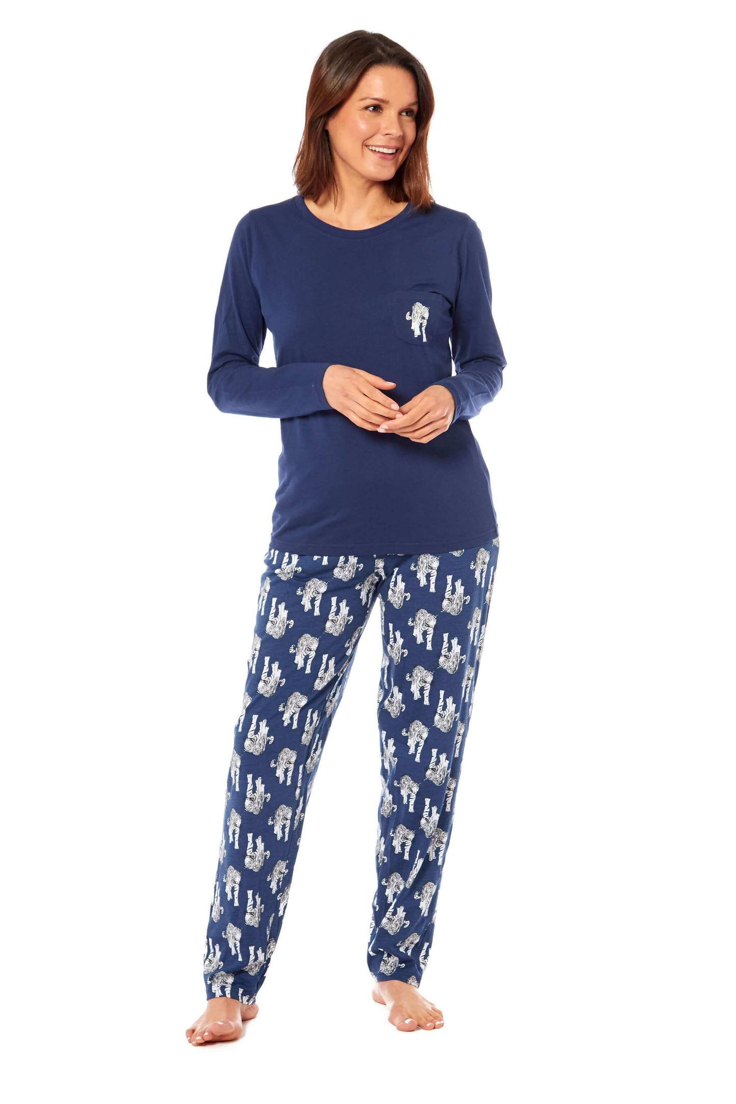 Women's Navy Tiger Print Polar Fleece Pyjama Set Soft Comfortable Loungewear Long Sleeve Top Elasticated Bottoms Stylish Gift Nightwear by Daisy Dreamer. Buy now for £15.00.