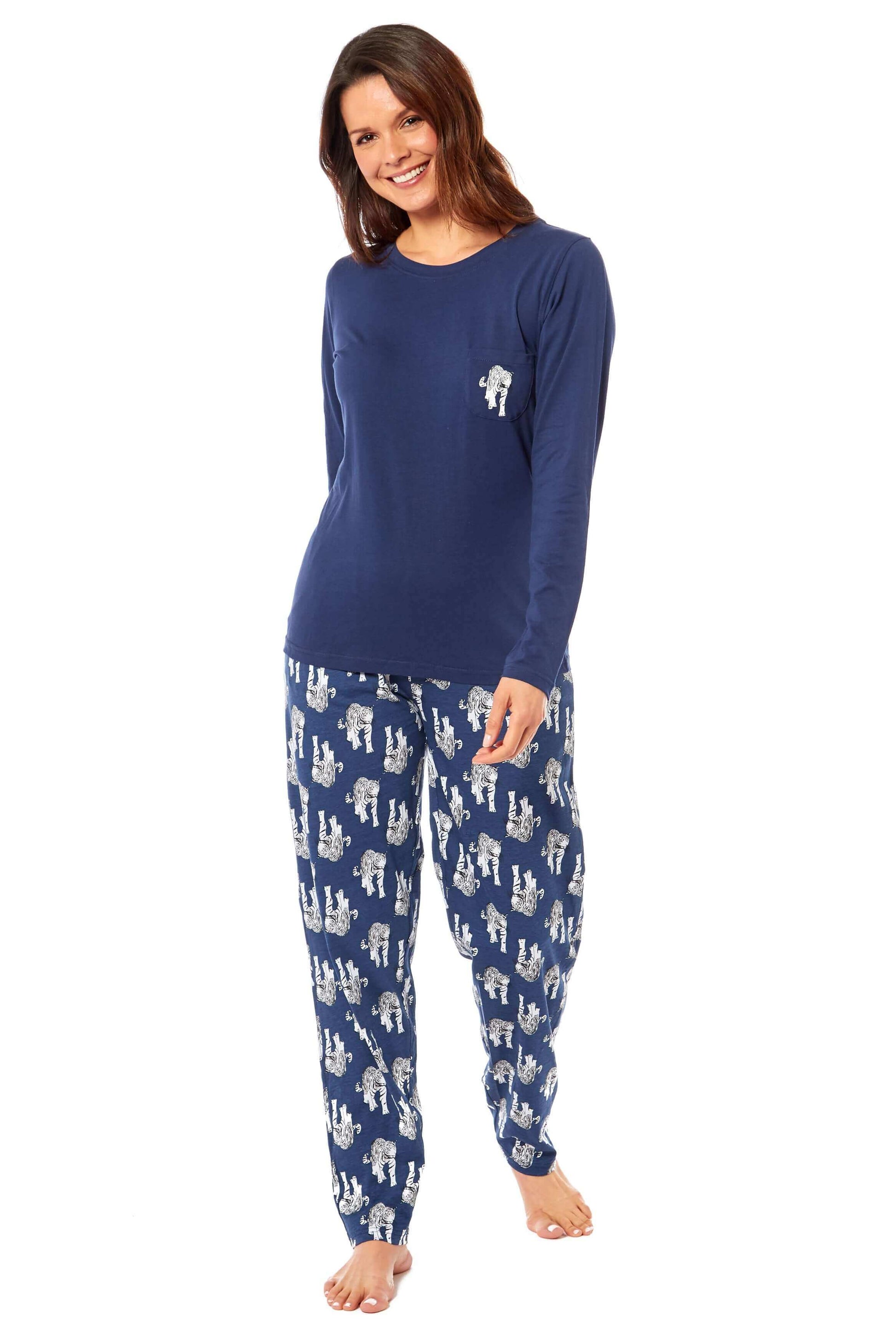 Women's Navy Tiger Print Polar Fleece Pyjama Set Soft Comfortable Loungewear Long Sleeve Top Elasticated Bottoms Stylish Gift Nightwear by Daisy Dreamer. Buy now for £15.00.
