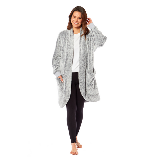 Women's Shimmer Grey Soft Touch Cardi Gown Luxury House Coat Elegant Loungewear Cozy Fit Robe Versatile Stylish Homewear by Daisy Dreamer. Buy now for £18.00.