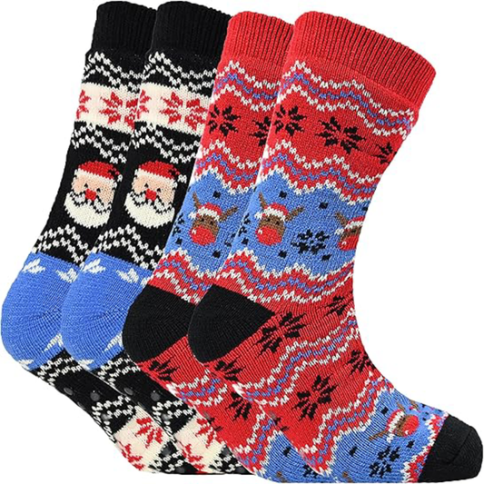 Pack of 2 Men's Festive Xmas Chunky Knit Slipper Socks with Grips Thick Warm Non-Slip Indoor Bed Socks Gift by Sock Stack