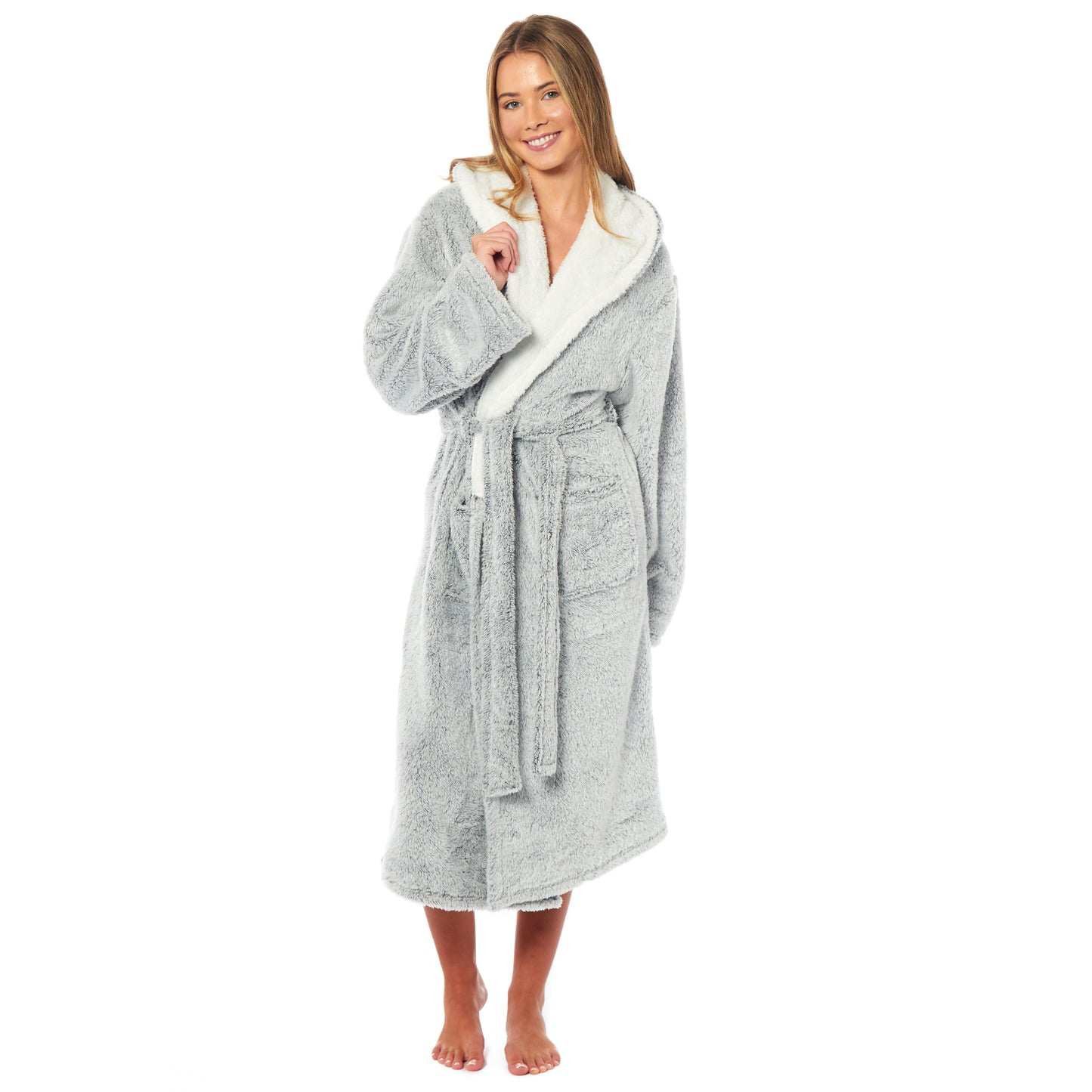 Women's Soft Plush Shimmer Fleece Hooded Bath Robe Luxurious Dressing Gown for Lounging and Sleeping in Shimmer Grey Multiple Sizes by Daisy Dreamer