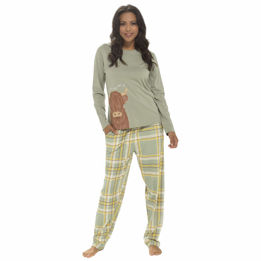 Women's Highland Cow Cotton Jersey Pyjama Set Long Sleeve Lounge Wear PJs with Elasticated Waistband by Daisy Dreamer. Buy now for £15.00.