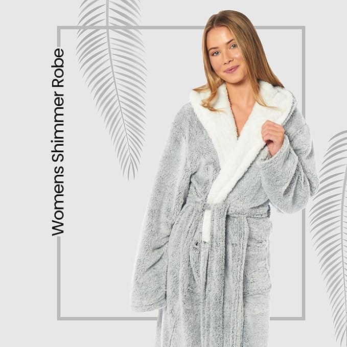 Women's Soft Plush Shimmer Fleece Hooded Bath Robe Luxurious Dressing Gown for Lounging and Sleeping in Shimmer Grey Multiple Sizes by Daisy Dreamer. Buy now for £17.00. A Dressing Gown by Daisy Dreamer. _Hi_chtgptapp_optimised_this_description-generator,