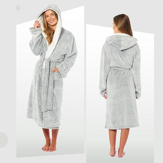 Women's Soft Plush Shimmer Fleece Hooded Bath Robe Luxurious Dressing Gown for Lounging and Sleeping in Shimmer Grey Multiple Sizes by Daisy Dreamer. Buy now for £17.00. A Dressing Gown by Daisy Dreamer. _Hi_chtgptapp_optimised_this_description-generator,