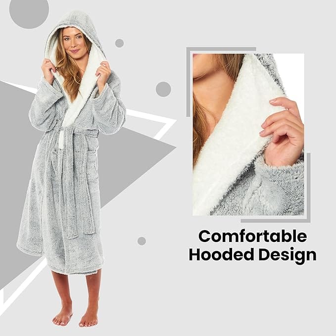 Women's Soft Plush Shimmer Fleece Hooded Bath Robe Luxurious Dressing Gown for Lounging and Sleeping in Shimmer Grey Multiple Sizes by Daisy Dreamer. Buy now for £17.00. A Dressing Gown by Daisy Dreamer. _Hi_chtgptapp_optimised_this_description-generator,