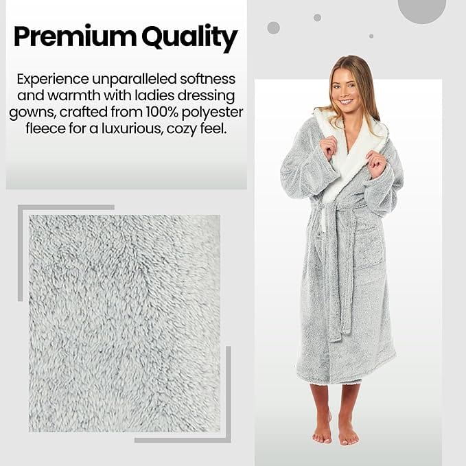 Women's Soft Plush Shimmer Fleece Hooded Bath Robe Luxurious Dressing Gown for Lounging and Sleeping in Shimmer Grey Multiple Sizes by Daisy Dreamer. Buy now for £17.00. A Dressing Gown by Daisy Dreamer. _Hi_chtgptapp_optimised_this_description-generator,