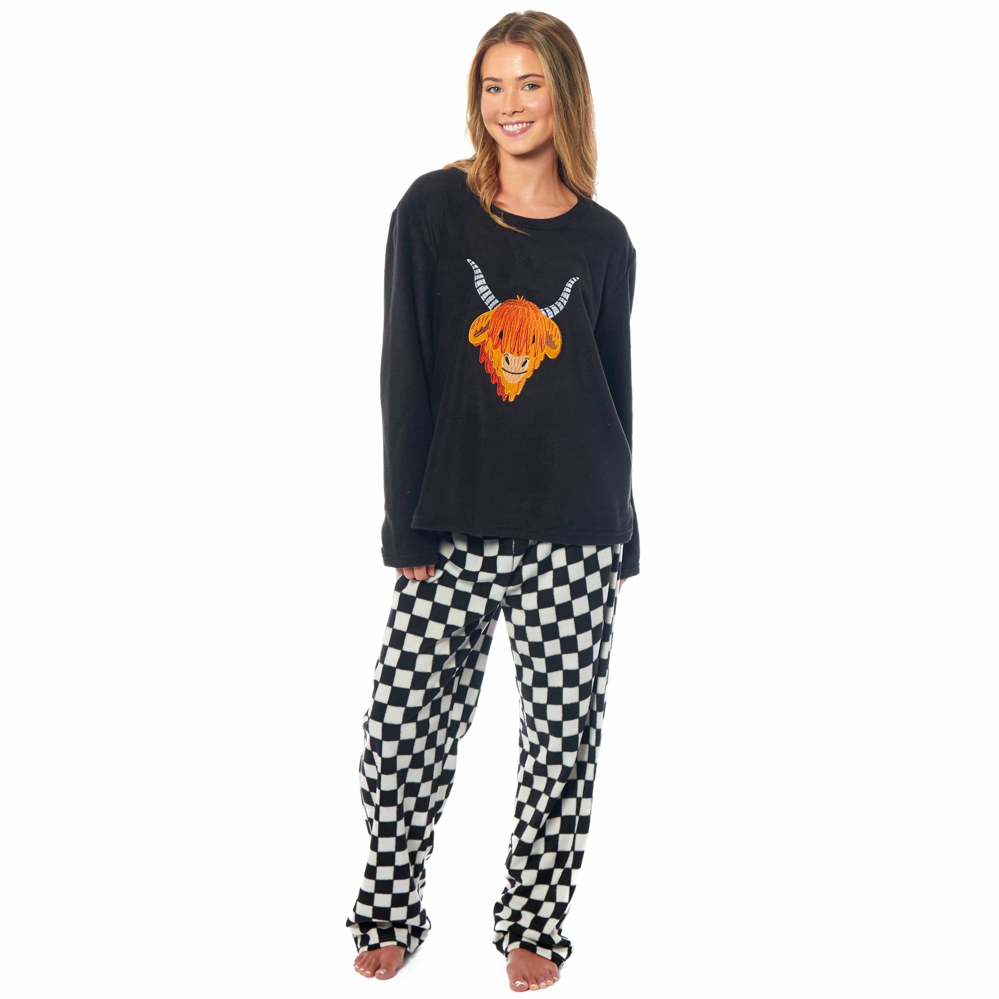 Women s Highland Cow Thermal Fleece Pyjamas Set Soft Warm Winter PJs Animal Print Loungewear Sleepwear Long Sleeve Top and Bottom by Daisy Dreamer