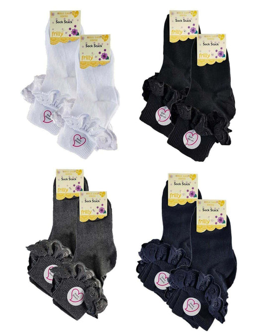 6 Pairs Girls Cotton Rich Frilly Ankle Socks Durable Breathable Sculpted Heels and Toes Multiple Sizes and Colours Perfect for School and Everyday Wear by Sock Stack. Buy now for £7.00.