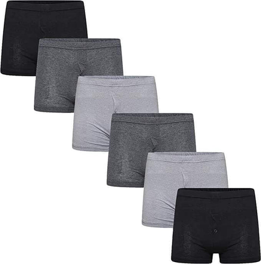 6 Pack Men's Cotton Rich Boxer Shorts Classic Trunk Style Underwear Comfortable Waistband Stretch Breathable Black Grey Small Medium Large MB07 by Sock Stack. Buy now for £9.00.