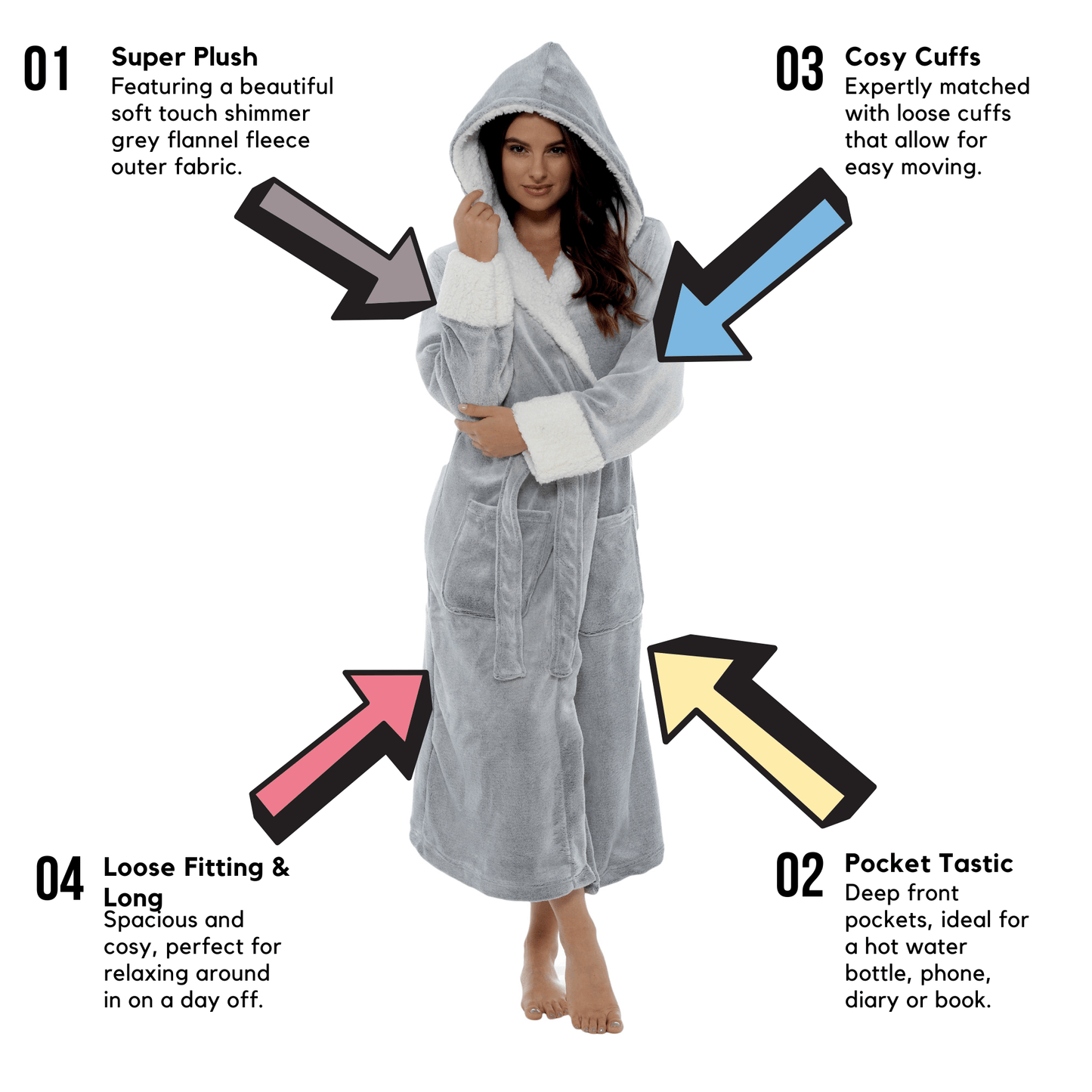 Luxurious Women's Fleece Dressing Gown with Sherpa Fur Hood Plush Flannel Bath Robe Elegant Shimmer Grey Soft Cozy Loungewear by Daisy Dreamer. Buy now for £20.00.