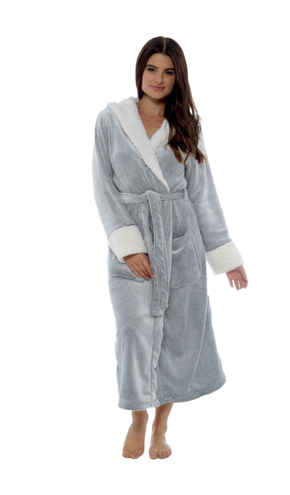 Luxurious Women's Fleece Dressing Gown with Sherpa Fur Hood Plush Flannel Bath Robe Elegant Shimmer Grey Soft Cozy Loungewear by Daisy Dreamer. Buy now for £20.00.