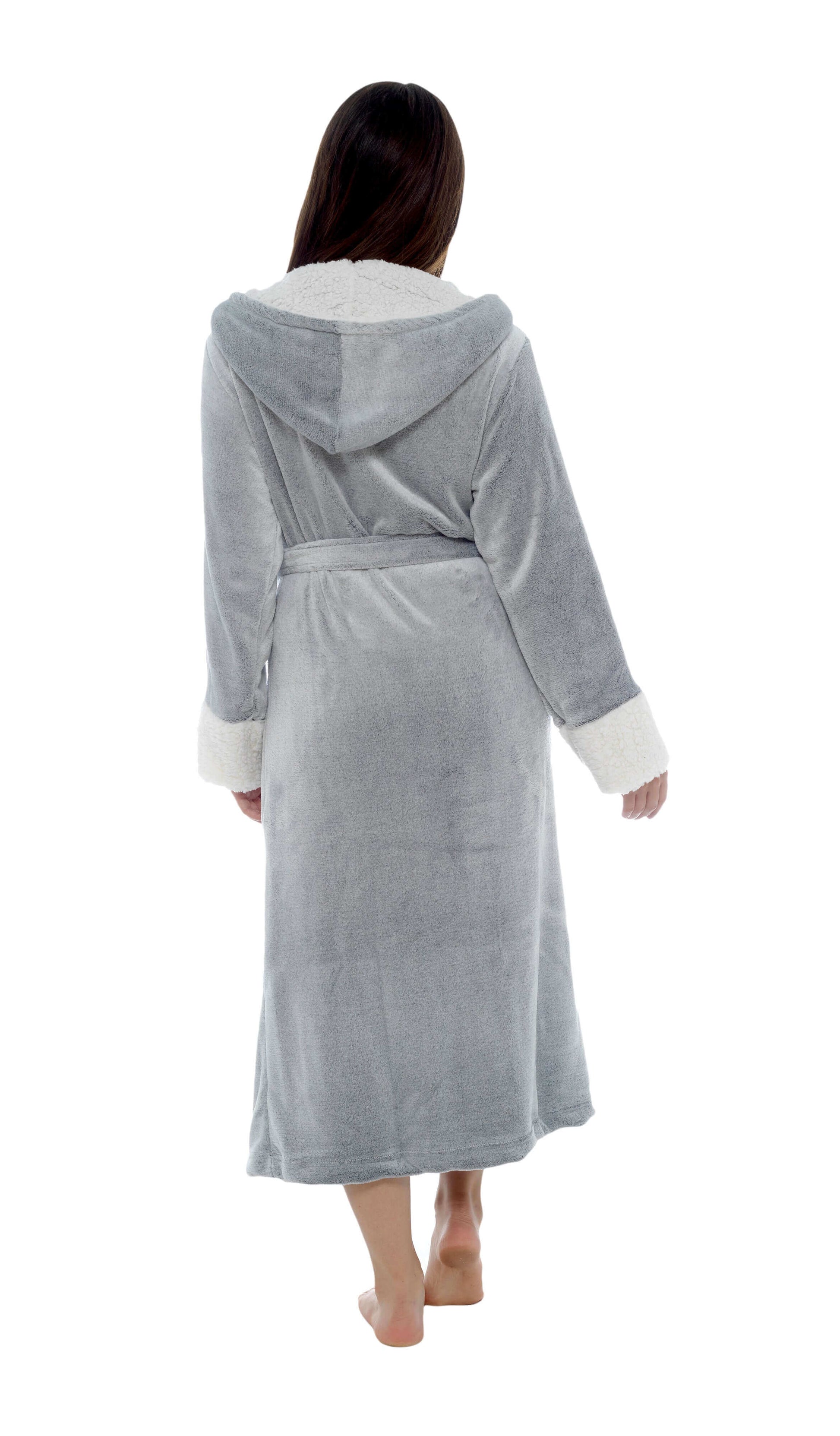 Luxurious Women's Fleece Dressing Gown with Sherpa Fur Hood Plush Flannel Bath Robe Elegant Shimmer Grey Soft Cozy Loungewear by Daisy Dreamer. Buy now for £20.00.