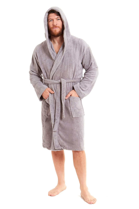 Men's Bamboo Hooded Bath Robe Ultra Absorbent Towelling Dressing Gown for Hotels Gyms Spas with Soft Breathable Cotton Blend Quick Dry Grey White by Sock Stack. Buy now for £20.00.