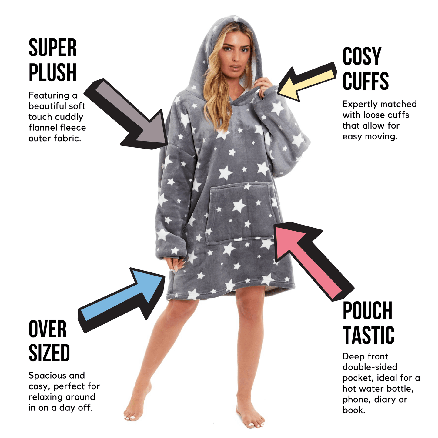 Oversized Grey Stars Hooded Blanket Ultra Soft Sherpa Fur Lining Plush Flannel Loungewear One Size Fits All for Adults and Kids by Daisy Dreamer. Buy now for £11.00.