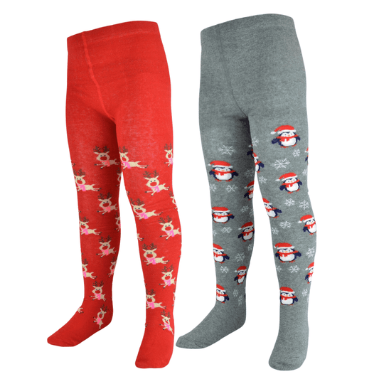 Pack of 2 Girls Christmas Tights Reindeer and Penguin Festive Cotton Rich Kids Leggings Comfortable Durable Winter Holiday Tights Sock Stack. Buy now for £10.00.