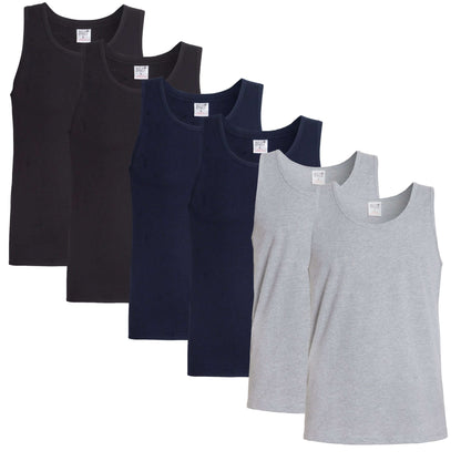 Pack of 6 Men's Cotton Blend Gym Muscle Vests Fitted Lightweight Comfortable Breathable Summer Wear Sizes S to XXL Available in Black Grey Navy White by Sock Stack. Buy now for £10.00.
