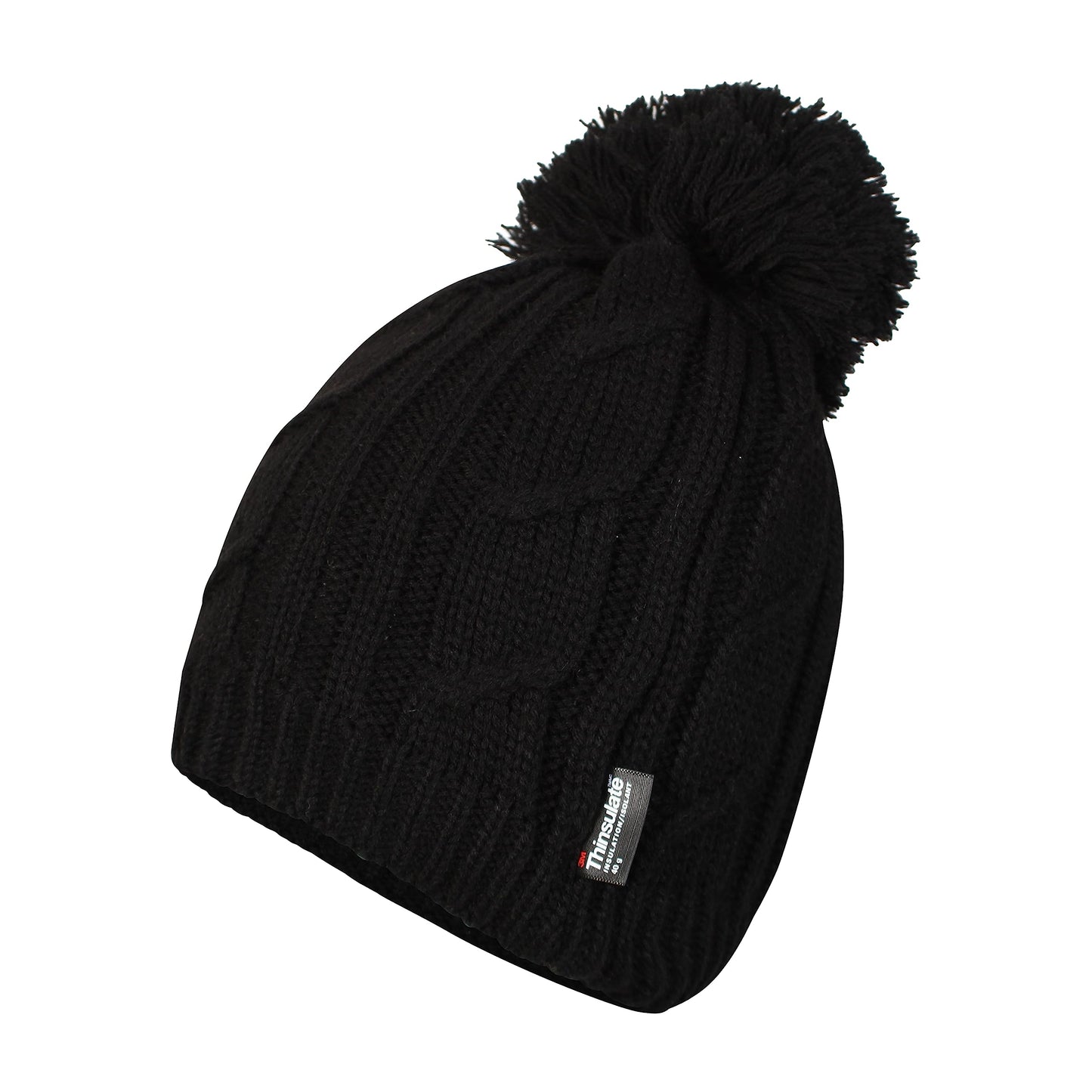 Women's Chunky Cable Knit Beanie Hat with 3M Thinsulate Insulation and Pom Pom Waterproof Winter Hat in Black Purple Cream and Navy by Sock Stack. Buy now for £7.00.