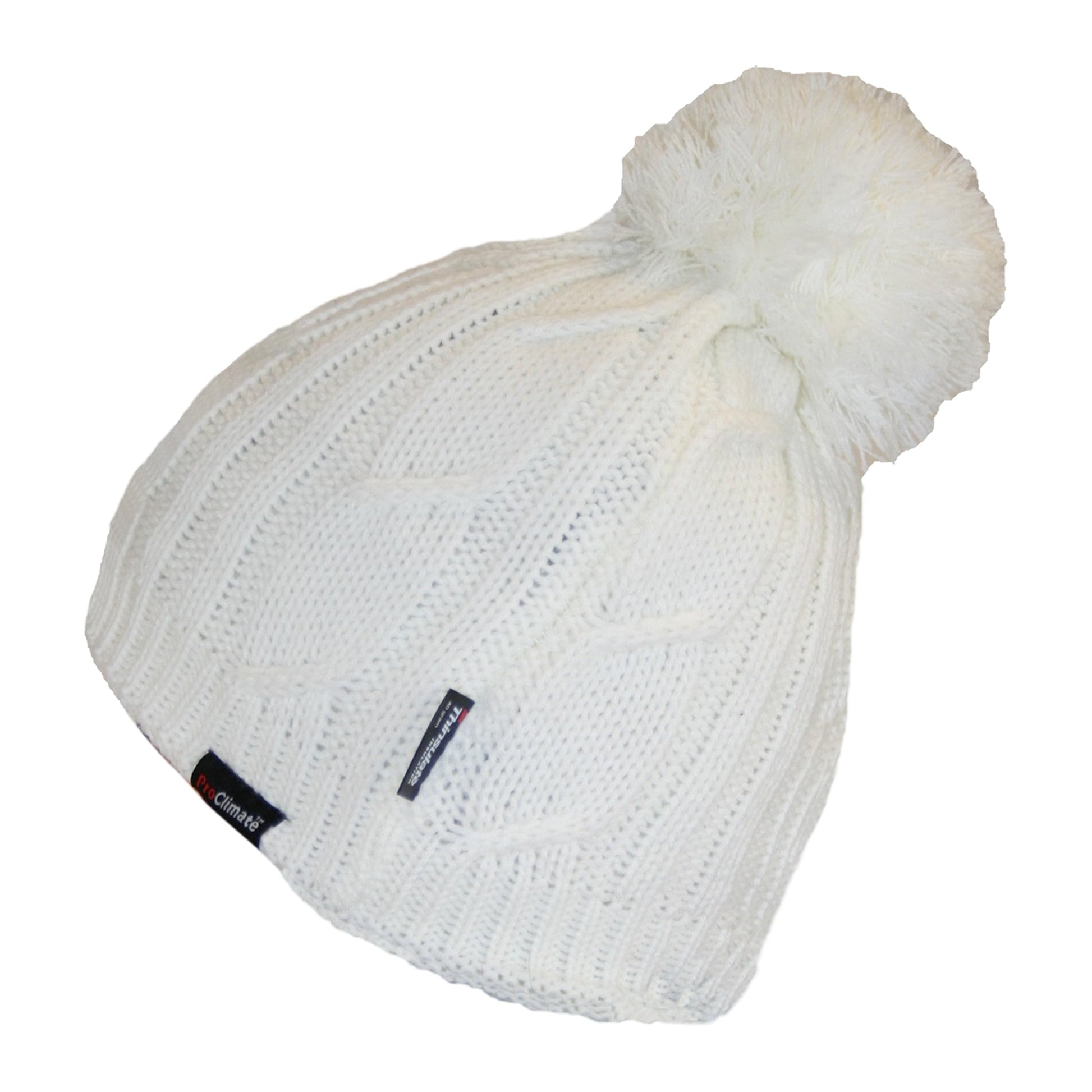 Women's Chunky Cable Knit Beanie Hat with 3M Thinsulate Insulation and Pom Pom Waterproof Winter Hat in Black Purple Cream and Navy by Sock Stack. Buy now for £7.00.