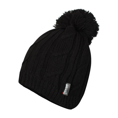 Women's Chunky Cable Knit Beanie Hat with 3M Thinsulate Insulation and Pom Pom Waterproof Winter Hat in Black Purple Cream and Navy by Sock Stack. Buy now for £7.00.
