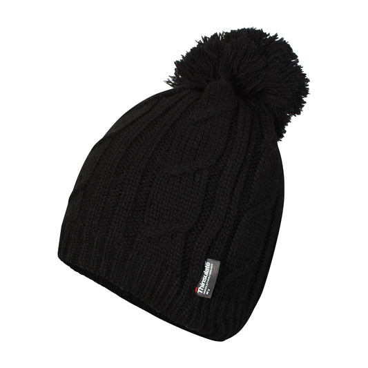 Women's Chunky Cable Knit Beanie Hat with 3M Thinsulate Insulation and Pom Pom Waterproof Winter Hat in Black Purple Cream and Navy by Sock Stack. Buy now for £7.00.