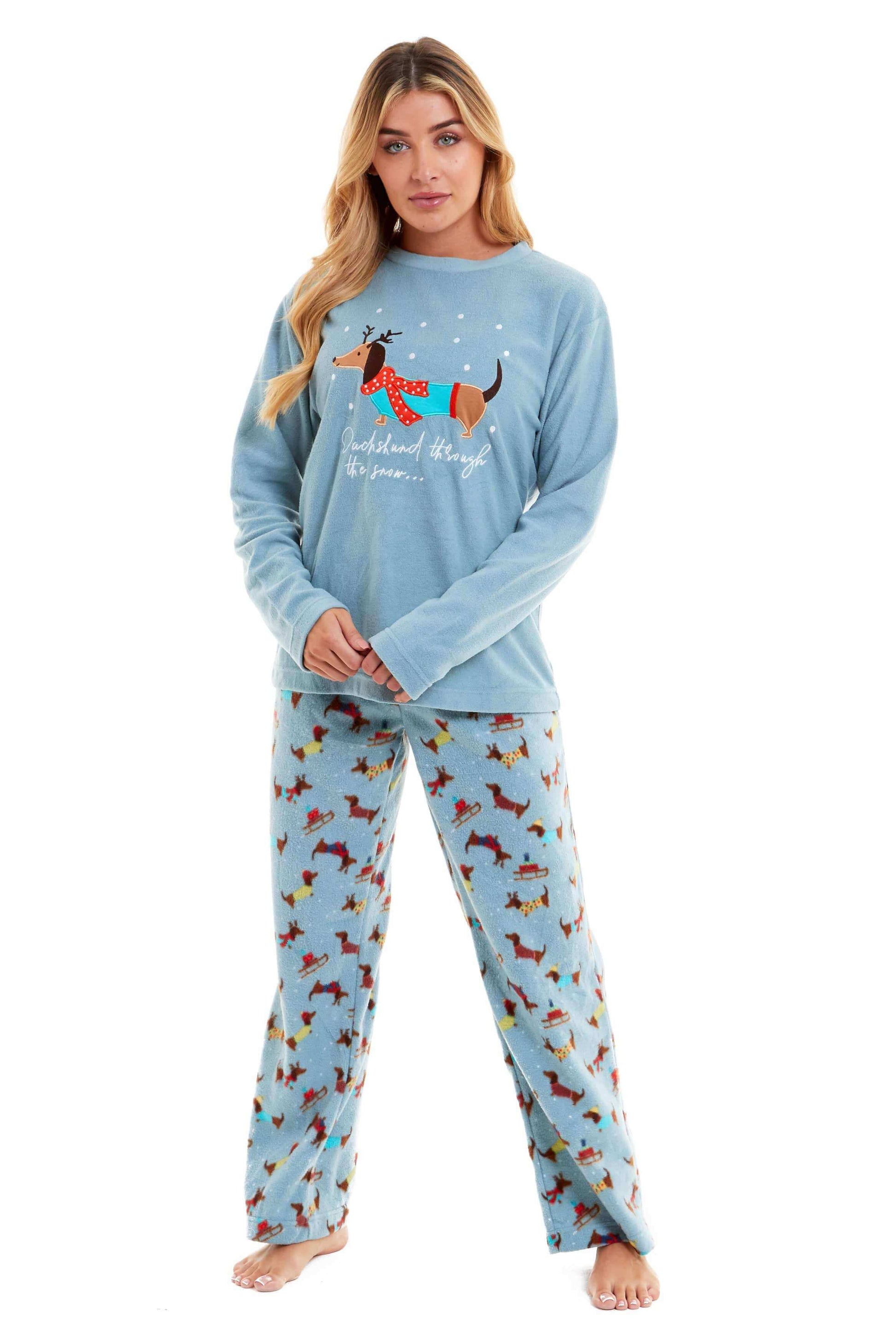Women's Cosy Dachshund Polar Fleece Pyjama Set with Hood Embroidered Detailing Soft Nightwear Warm Loungewear Ideal Gift for Chilly Nights by Daisy Dreamer. Buy now for £17.00.