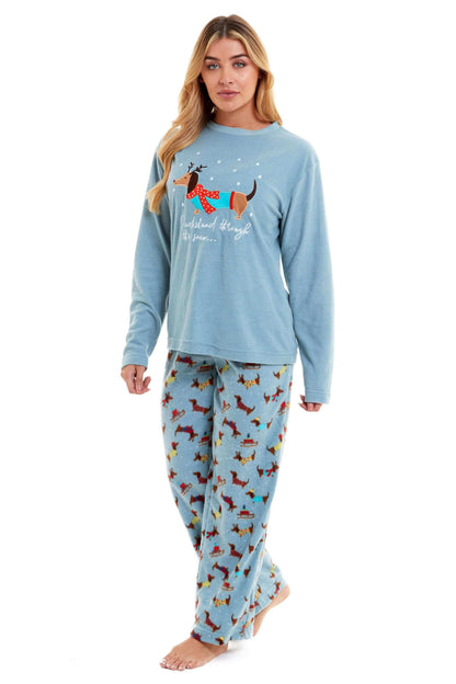 Women's Cosy Dachshund Polar Fleece Pyjama Set with Hood Embroidered Detailing Soft Nightwear Warm Loungewear Ideal Gift for Chilly Nights by Daisy Dreamer. Buy now for £17.00.